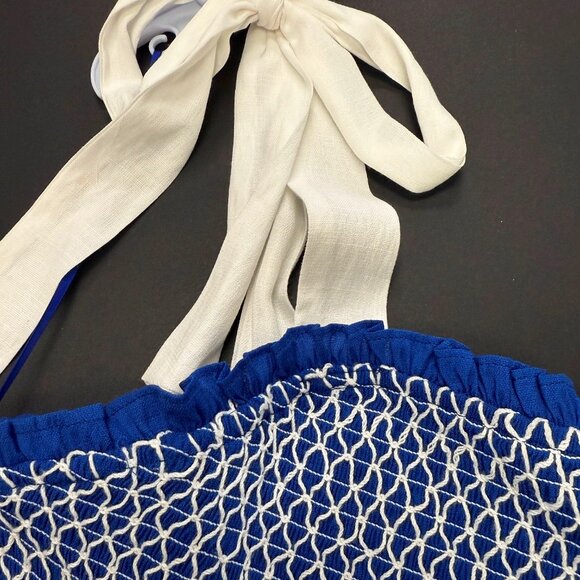 Plus Size 2xl Royal Blue Midi Smocked Dress Bow Tie Straps Linen Blend Pocket - Picture 5 of 7